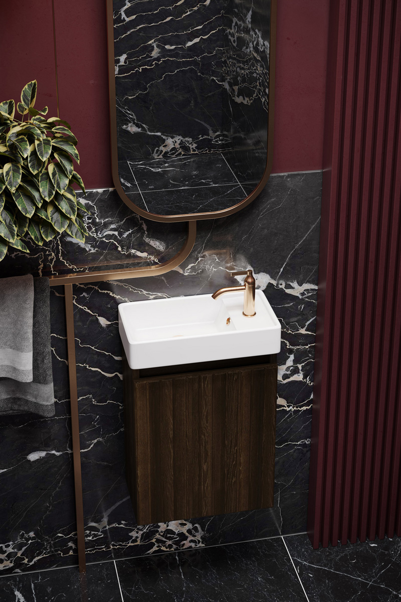 Fontana Bano toiletmeubel ribbelfront kasteel bruin 40x22cm met glans witte fontein