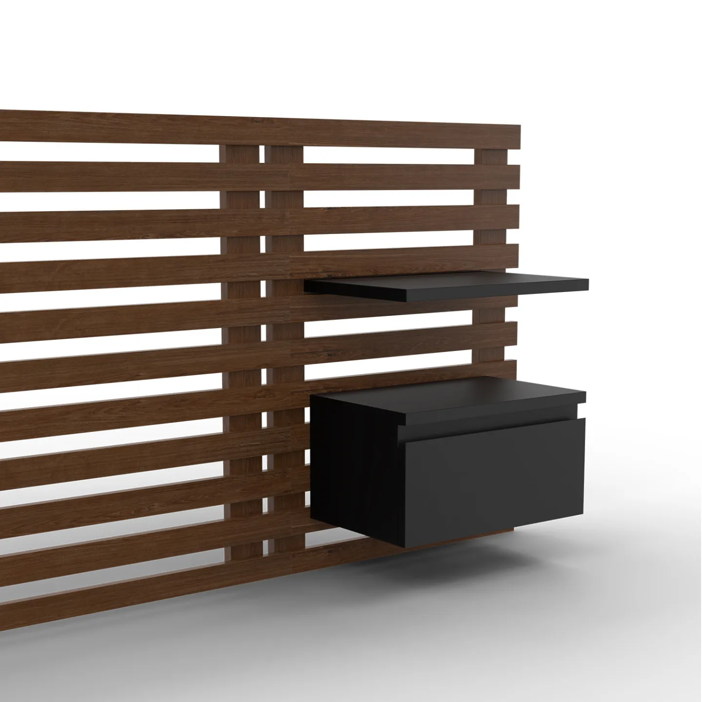 Tête de lit suspendue en lattes AVA 240 cm avec chevets + tiroir façon bois vieilli et noir