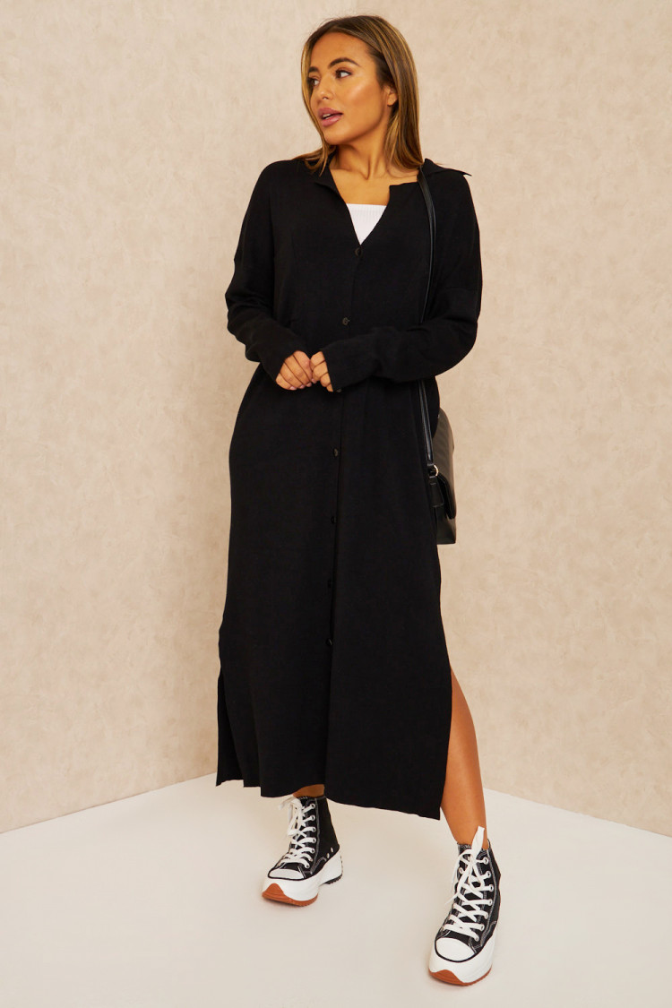 Robe chemise longue côtelée noire ample