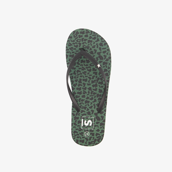 Dames teenslippers zwart groen luipaardprint