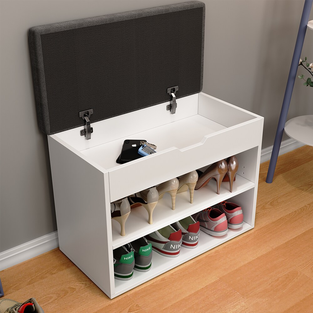 Oskar-Store Schuhbank Titus Weiß, 60 x 45 cm, Schuhregal mit Sitz, Klappdeckel, Fächer