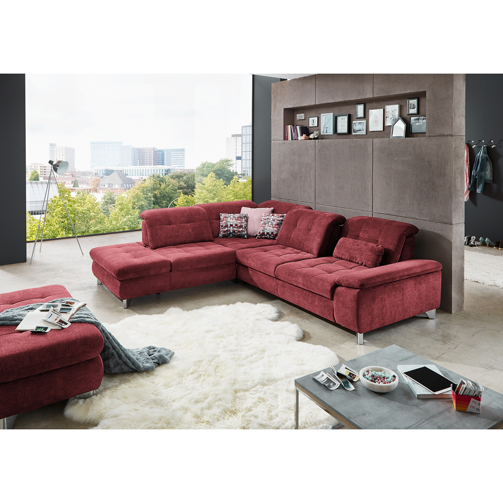 Ecksofa - cherry - Microchenille - Sitztiefenverstellung - Anstellhocker links