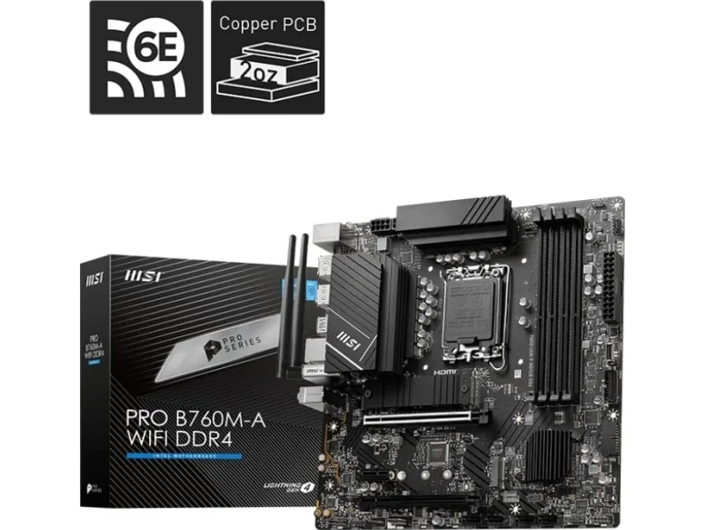 MSI PRO B760M-A WIFI DDR4 - Bundkort - micro ATX - LGA1700 sokkel - B760 Chipset - USB 3.2 Gen 2, USB 3.2 Gen 1, USB-C 3.2 Gen 1 - 2.5 Gigabit LAN, Wi-Fi 6E, Bluetooth - onboard grafik (CPU påkrævet) - HD Audio (8-kanaler)