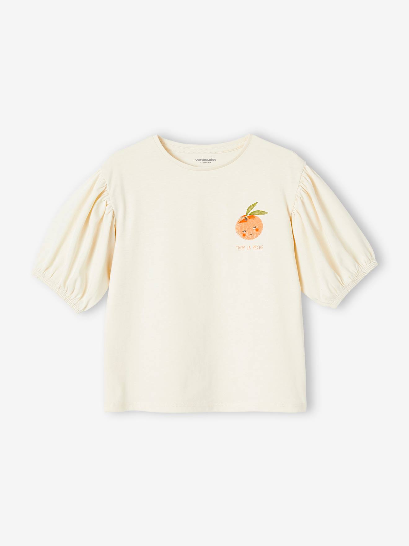 Camiseta infantil com mangas bufantes e estampa de frutas no peito, na cor cru.