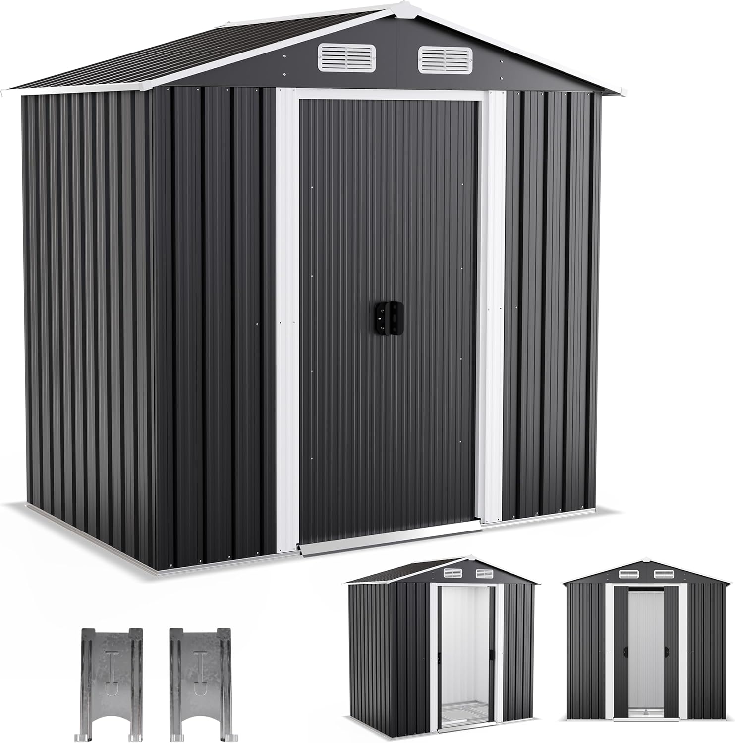 Premium Metall Gerätehaus mit Fundament & Schiebetür – Geräteschuppen Gartenhaus Metallgerätehaus in anthrazit – 3 Größen zur Wahl (2,4m2)