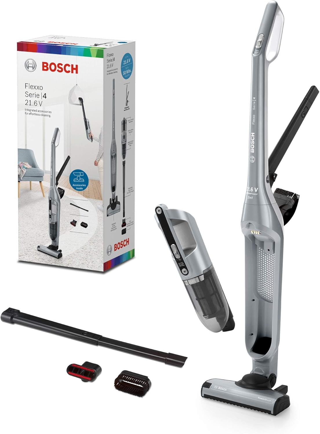 Bosch Akku-Staubsauger Flexxo 2in1 Serie 4 BCH3P210, kabelloser Handstaubsauger, beutellos, hohe Saugleistung, Lange Laufzeit, Kurze Ladezeit, Fugendüse, alle Bodenarten, Silber