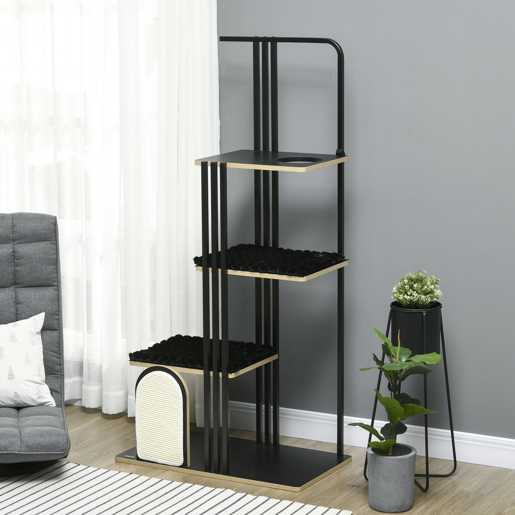 PawHut Kratzbaum mit Kissen und 4 Ebenen schwarz 85L x 48B x 170H cm