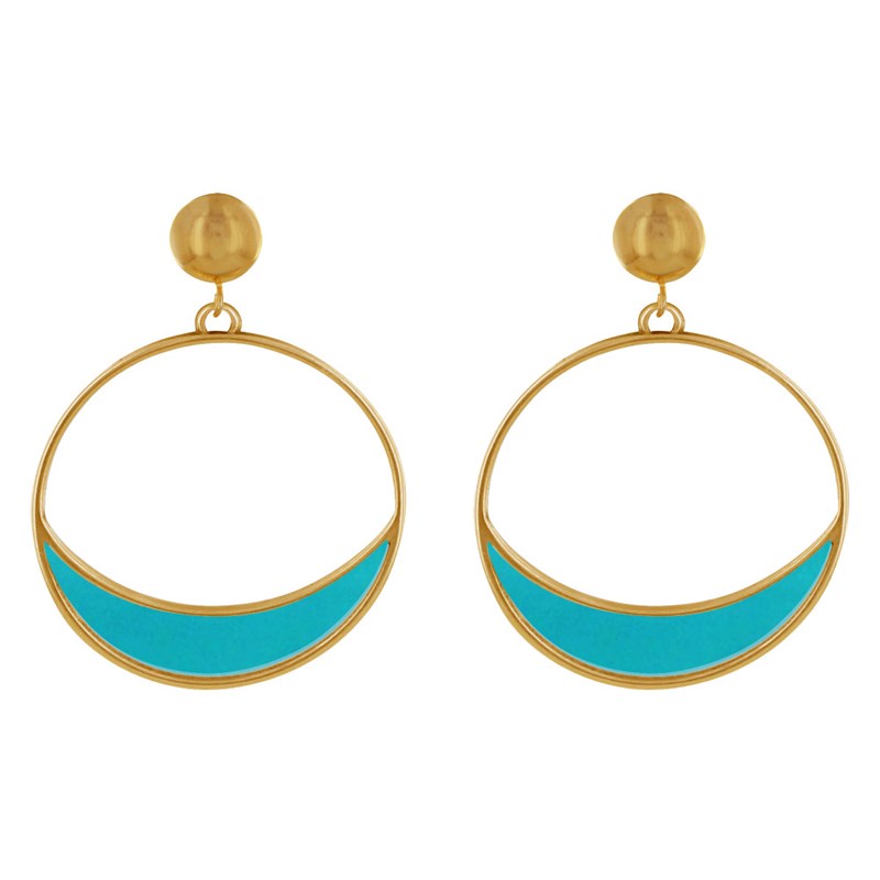 Boucles d'Oreilles Clous Métal Doré Cercle et Croissant de Lune Translucide Coloré