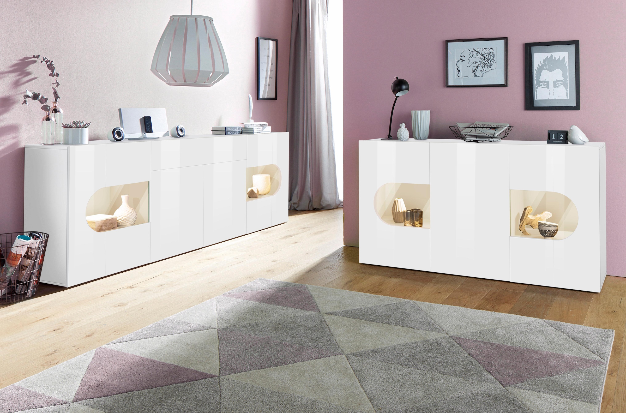 INOSIGN Sideboard »Real,Vitrine,Kommode,Schrank,komplett hochglanz lackiert« mit  4 Türen davon 2 Glastüren und 1 Schublade ohne Griff Breite 220cm