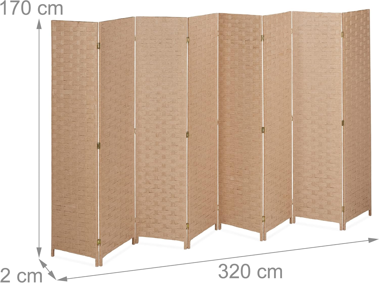 Relaxdays Paravent, 8-teilig, Raumtrenner faltbar, HxB 170x320 cm, Sichtschutz innen, Holz, Papierseil, Trennwand, Natur
