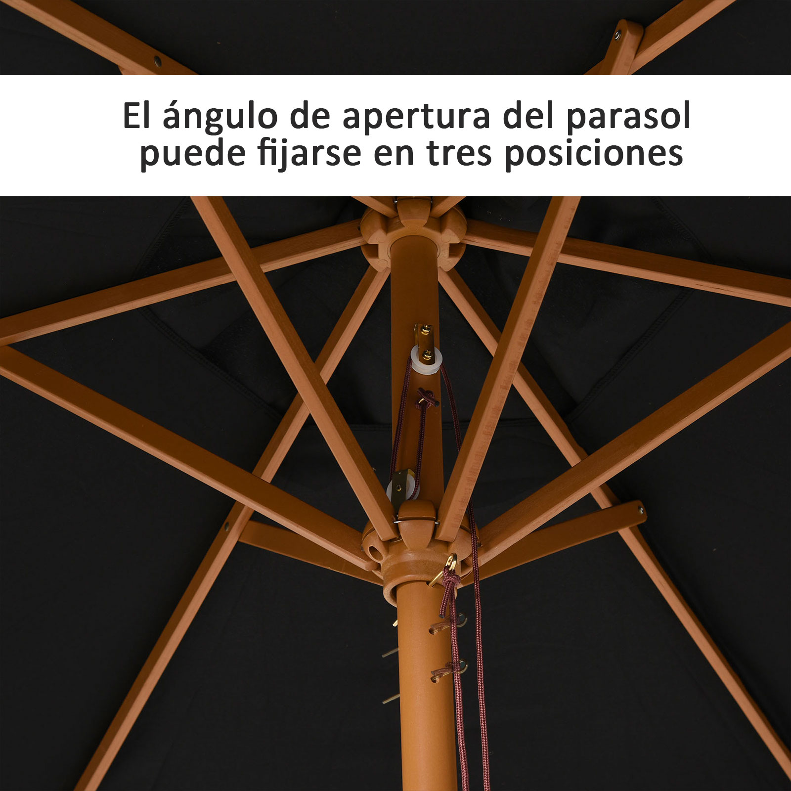 Guarda-sol de madeira Outsunny Ø250x230cm para uso externo com 6 varetas, sistema de corda com fixação removível, portátil, fácil de guardar e transportar, preto.