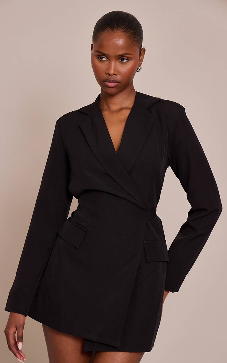 Noir Robe Blazer Tissée À Nouer À La Taille