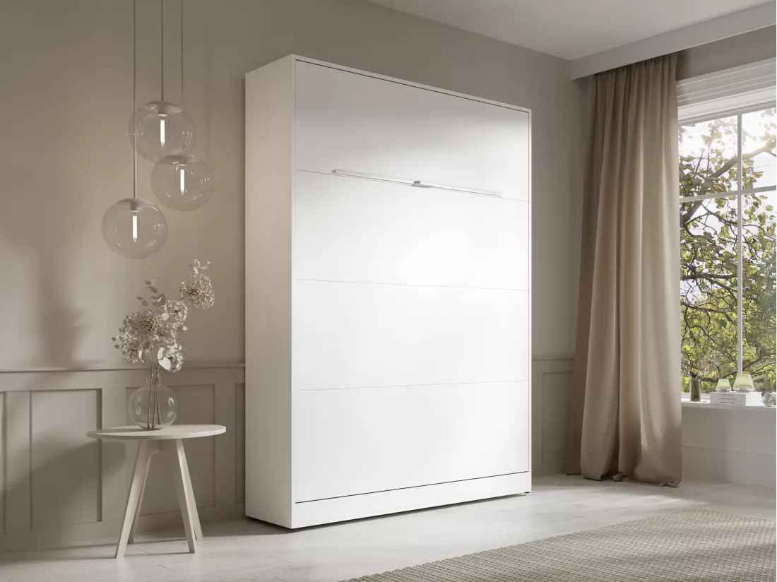 Lit escamotable 140 x 200 cm - Ouverture verticale manuelle - Avec LEDs - Blanc - RAPILI