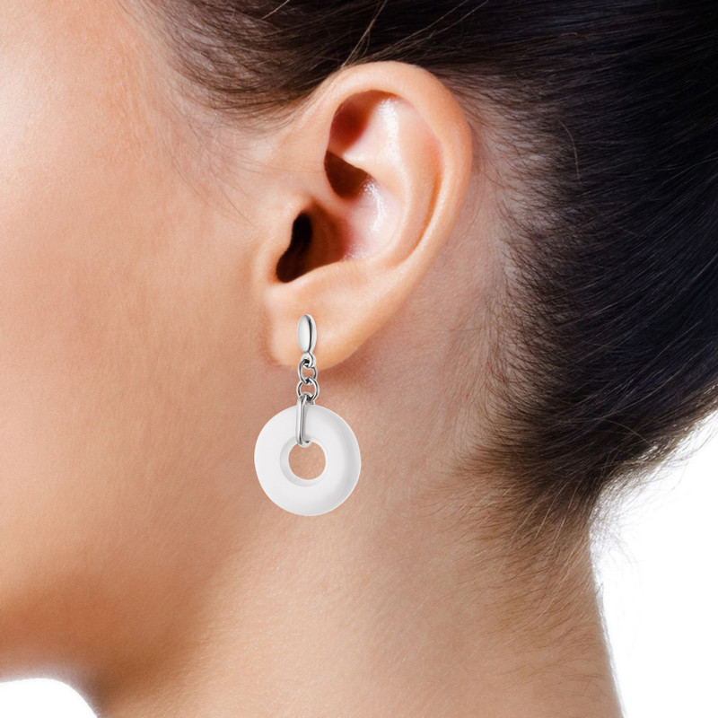 STELLA - Boucles d'Oreilles Pendantes - Motif Cercle Céramique blanche