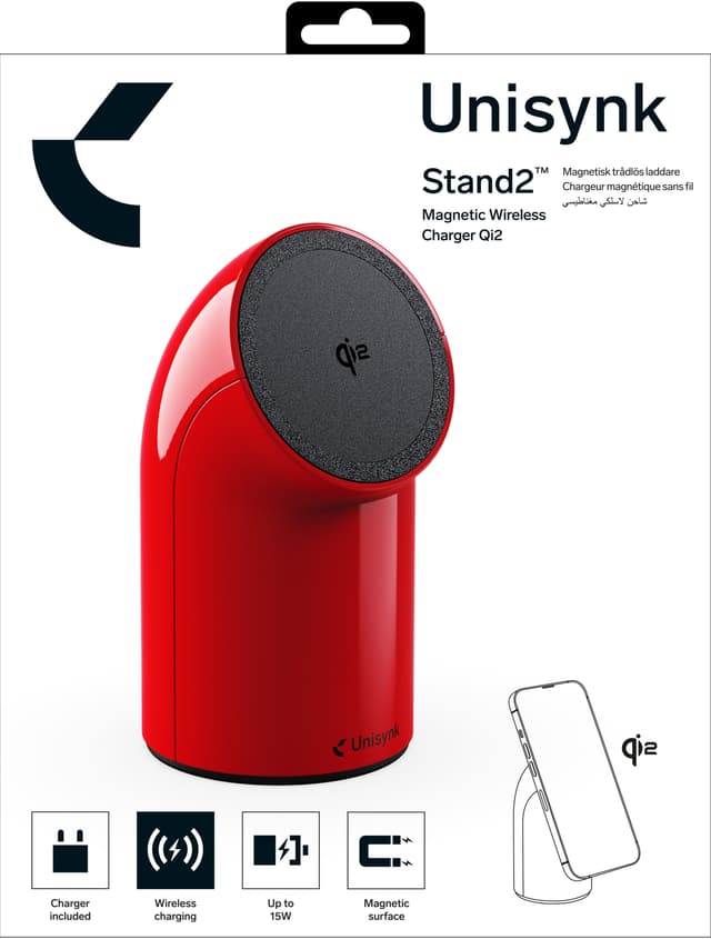 Unisynk Stand2 Qi2 trådløs oplader til skrivebord (rød)