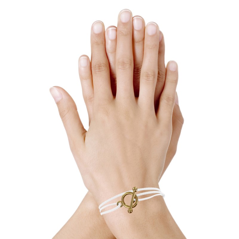 Bracelet Double Tour Plaqué Or Fermoir T et Lien en Cuir Coulissant - Blanc