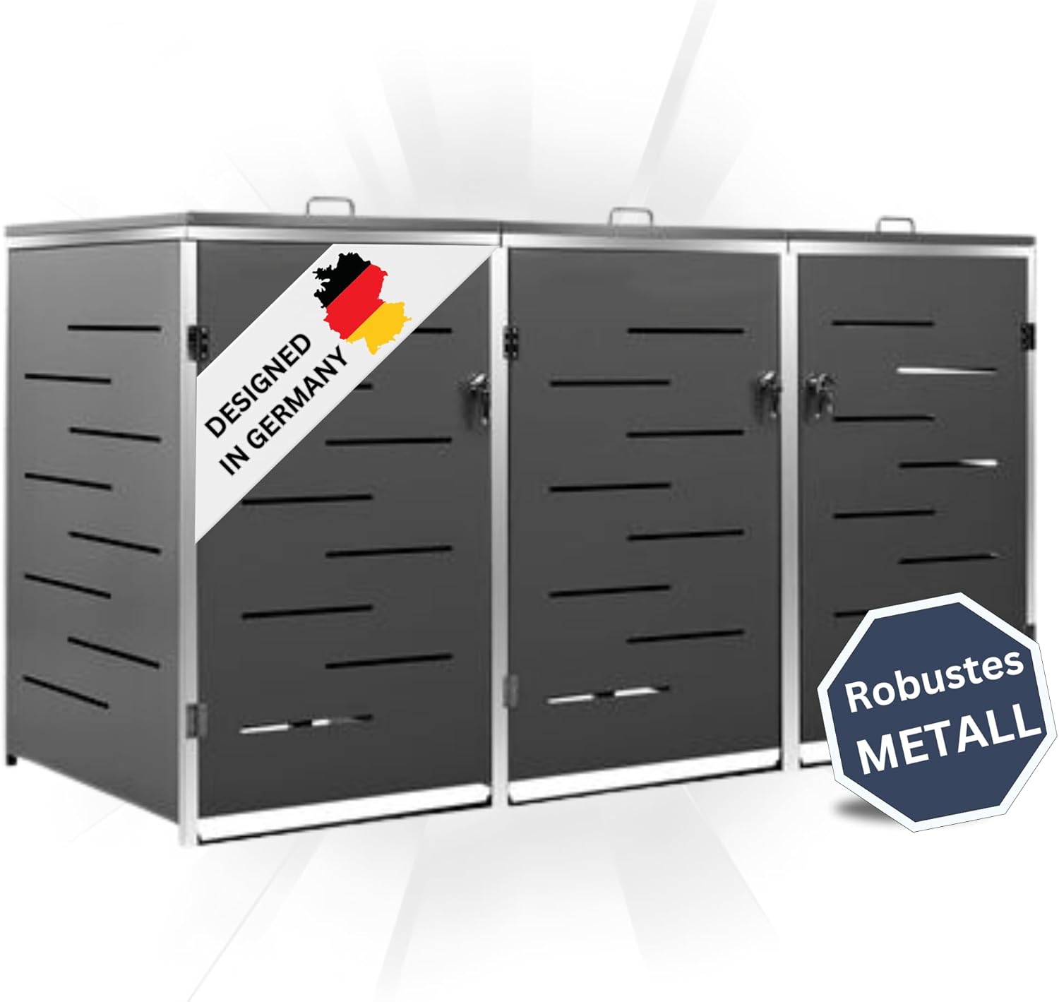 DELUKE 3er Mülltonnenbox JAGU Edelstahl | Anthrazit | 115x207x77,5cm | Mülltonnenverkleidung für 3 Tonnen 240L Müllbox aus Metall Mülltonnenschutz Mülltonnendach