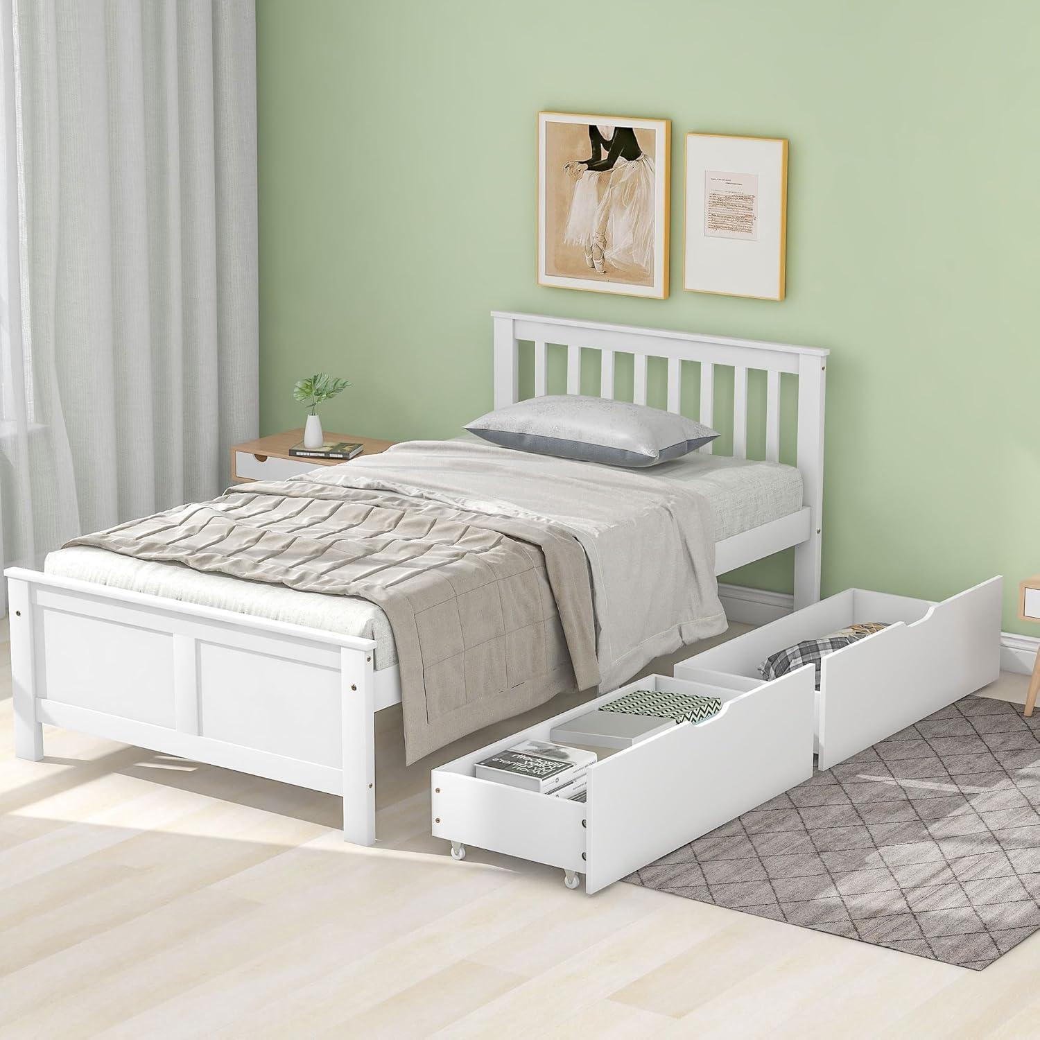 Merax Einzelbett mit Schubladen 90 x 200 cm, Holzbett mit Kopfteil und Lattenrost, einfacher Stil Bettgestell, Kinderbett Jugendbett, Rahmen aus Kiefernholz, Weiß