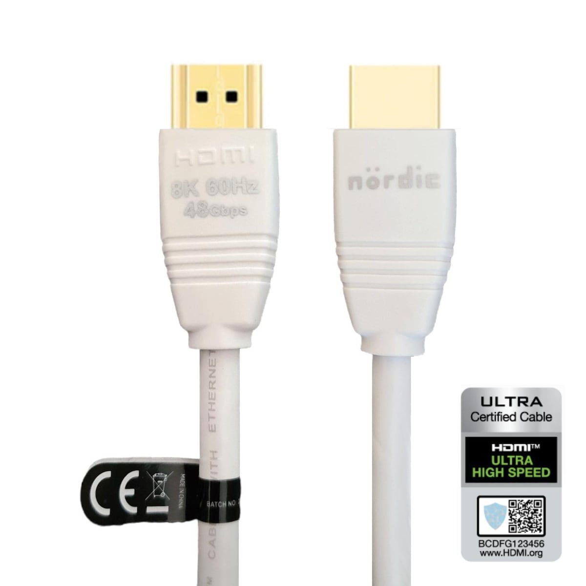NÖRDIC CERTIFIED CABLES 2m Ultra High Speed ​​​​HDMI2.1 8K 60Hz 4K 120Hz 144Hz 48Gbps Dynamic HDR eARC Game Mode VRR Dolby ATMOS gullbelagt PVC hvit