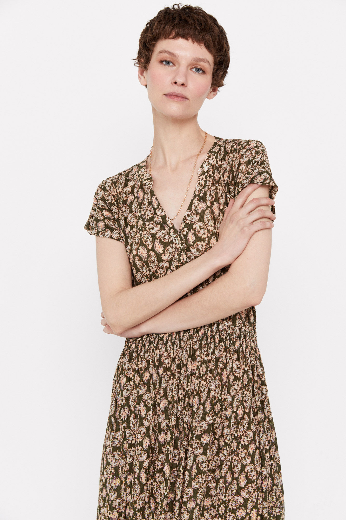 Vestido de malha plissado estampado - Estampa verde