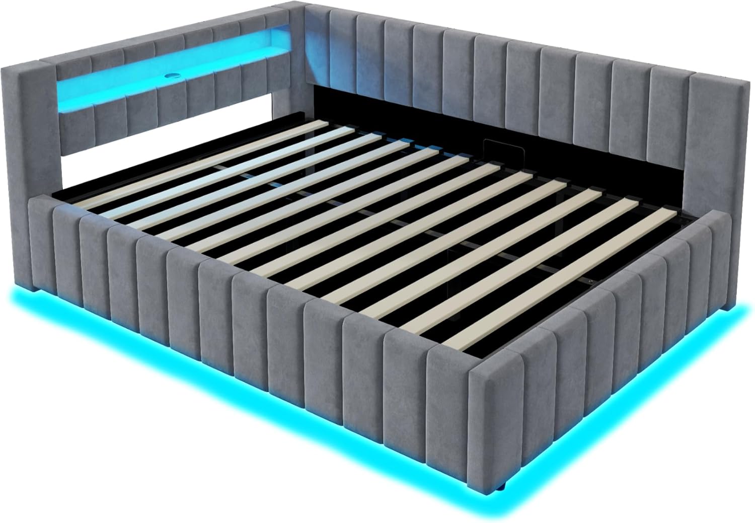 Polsterbett Schlafsofa 140x200, Doppelbett mit Hydraulischem Stauraum, mit LED-Licht und USB-Ladefunktion, Tagesbett Jugendbett mit Lattenrost, Samtstoff, ohne Matratze (Grau)