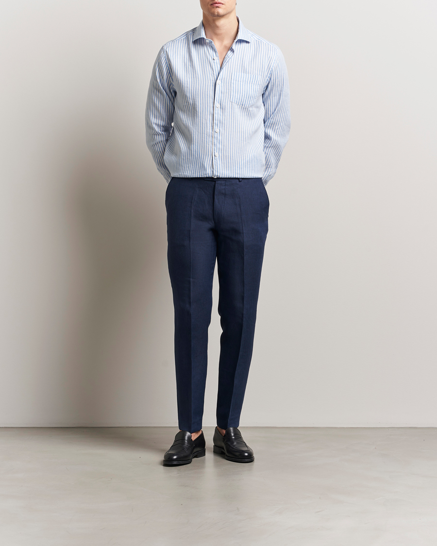 Oscar Jacobson Wide Spread Linen/Cotton Venetian Stripe Shirt Blue