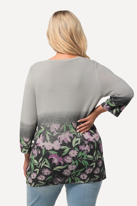 Pullover, Blüten, Krausstrick, Rundhals, 3/4-Arm