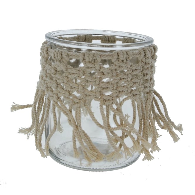 Windlicht mit Makrameedeko - aus Glas - ca. 10 x 10 x 12 cm