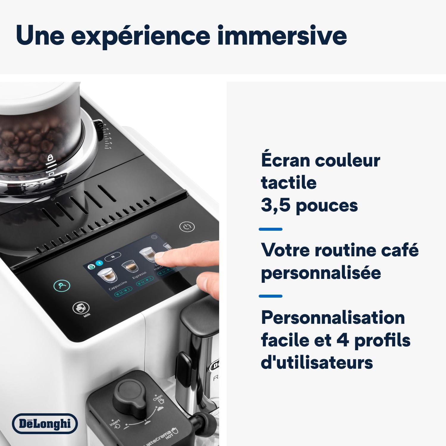De'Longhi Rivelia EXAM440.55.W, Machine À Café Grain Automatique, Grains Fraîchement Moulus, Bac à Grains Interchangeable, Carafe à lait Automatique, 16 Recettes, Écran Tactile Couleur, Blanc