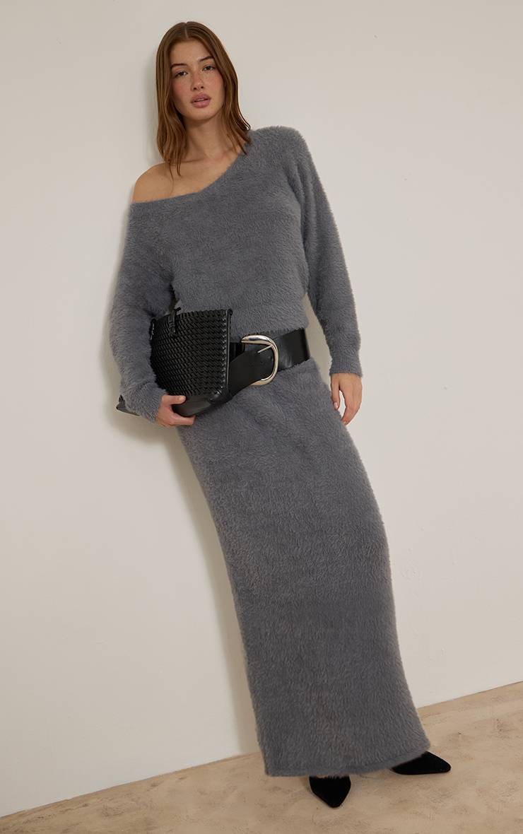 Gris Jupe Longue En Maille Duveteuse