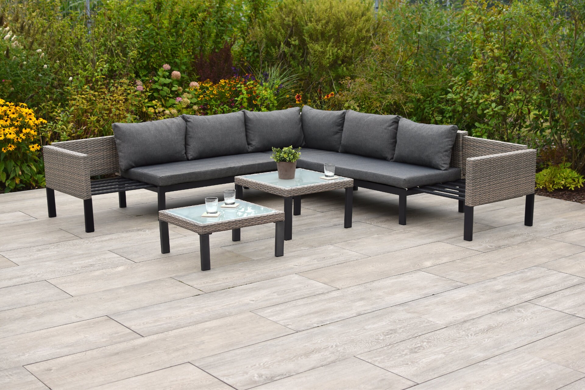 Merxx Lounge Set Amantea | Ecksofa doppelt ausziehbar, zwei Tische, Sitzkissen