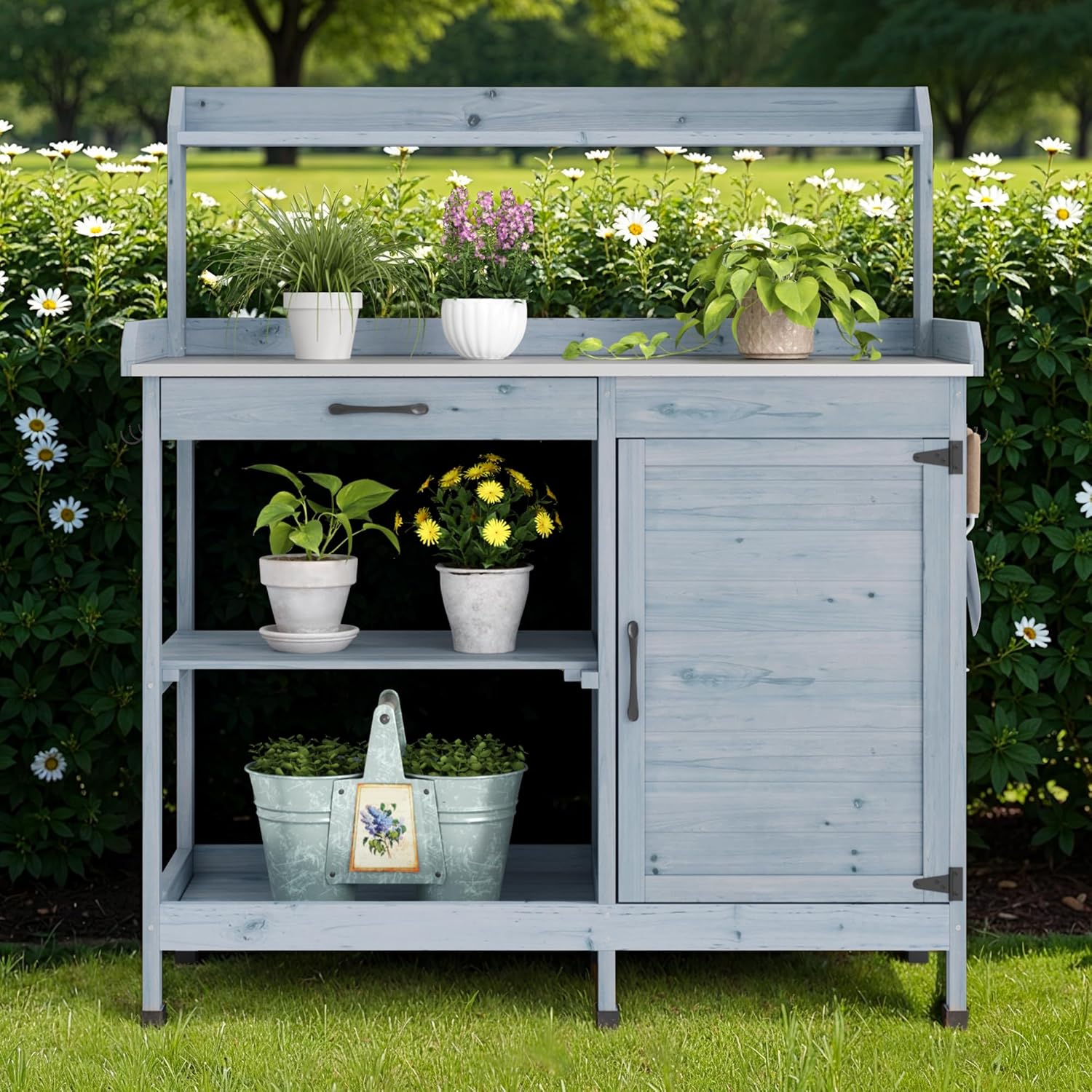 Gärtnertisch, Pflanztisch mit Schubladen & Unterschrank, Garten Arbeitstisch aus Holz mit verzinkter Arbeitsplatte, für Garten, Balkon, Terrasse, 112x46x125 cm, Grau