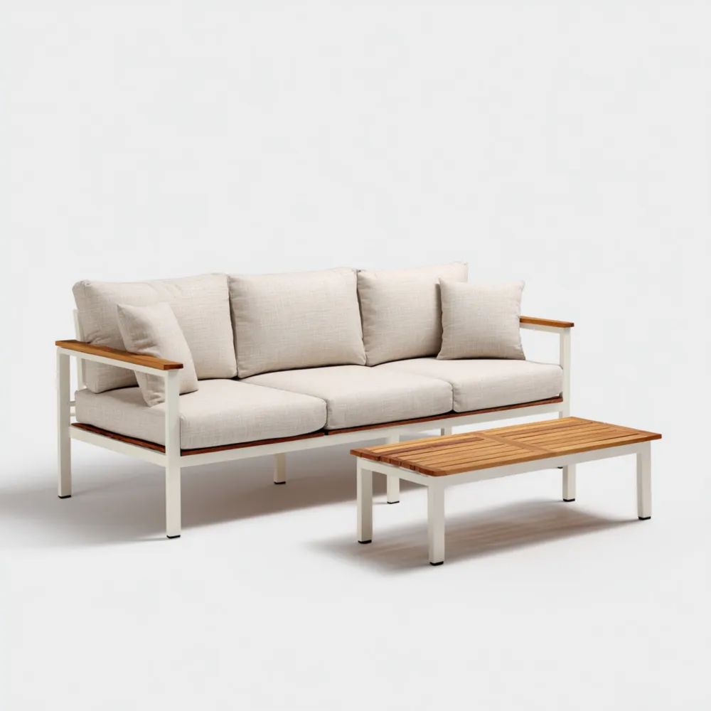 Garten-Sofaset Metallholz 3-Sitzer 180x75x80 cm – Beige – Modernes Des