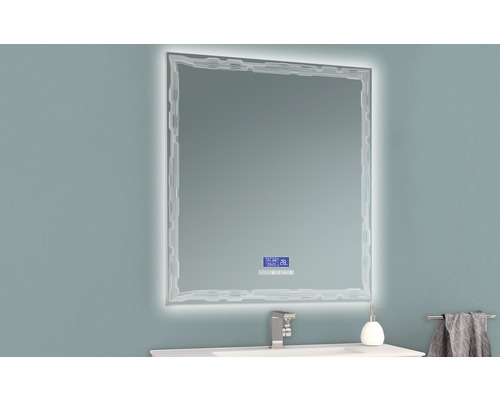 LED-badkamerspiegel met multimediafuncties, touchscreen, Bluetooth, anti-condensfunctie en FM-radio, inclusief spiegelverwarming en luidsprekers, 90x90 cm