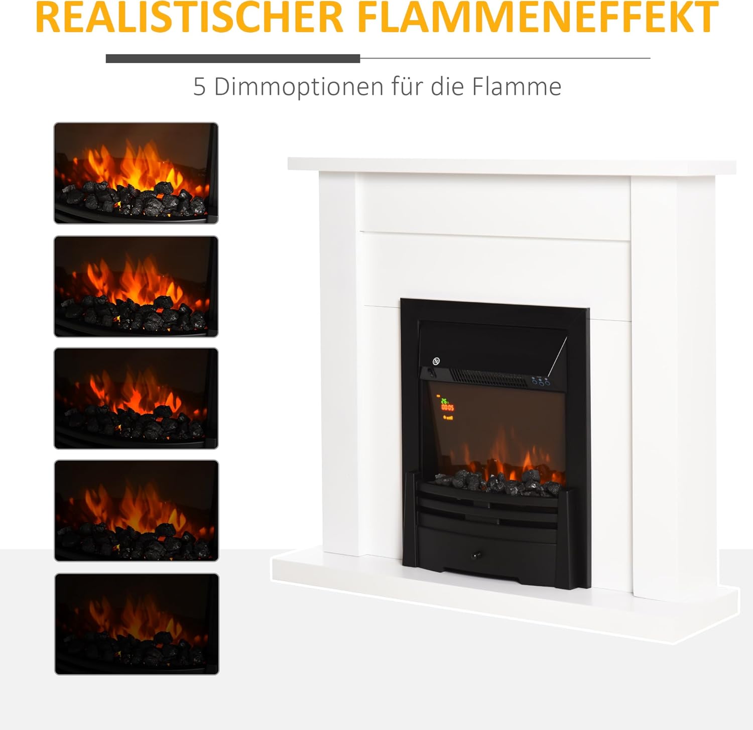 HOMCOM Elektrokamin Standkamin mit Heizung, LED 3D-Flammeneffekt, Adaptive Startfunktion, 2000W Elektrischer Kamin mit 2 Leistungsstufen, Fernbedienung, Timer, Überhitzungsschutz, Thermostat Weiß
