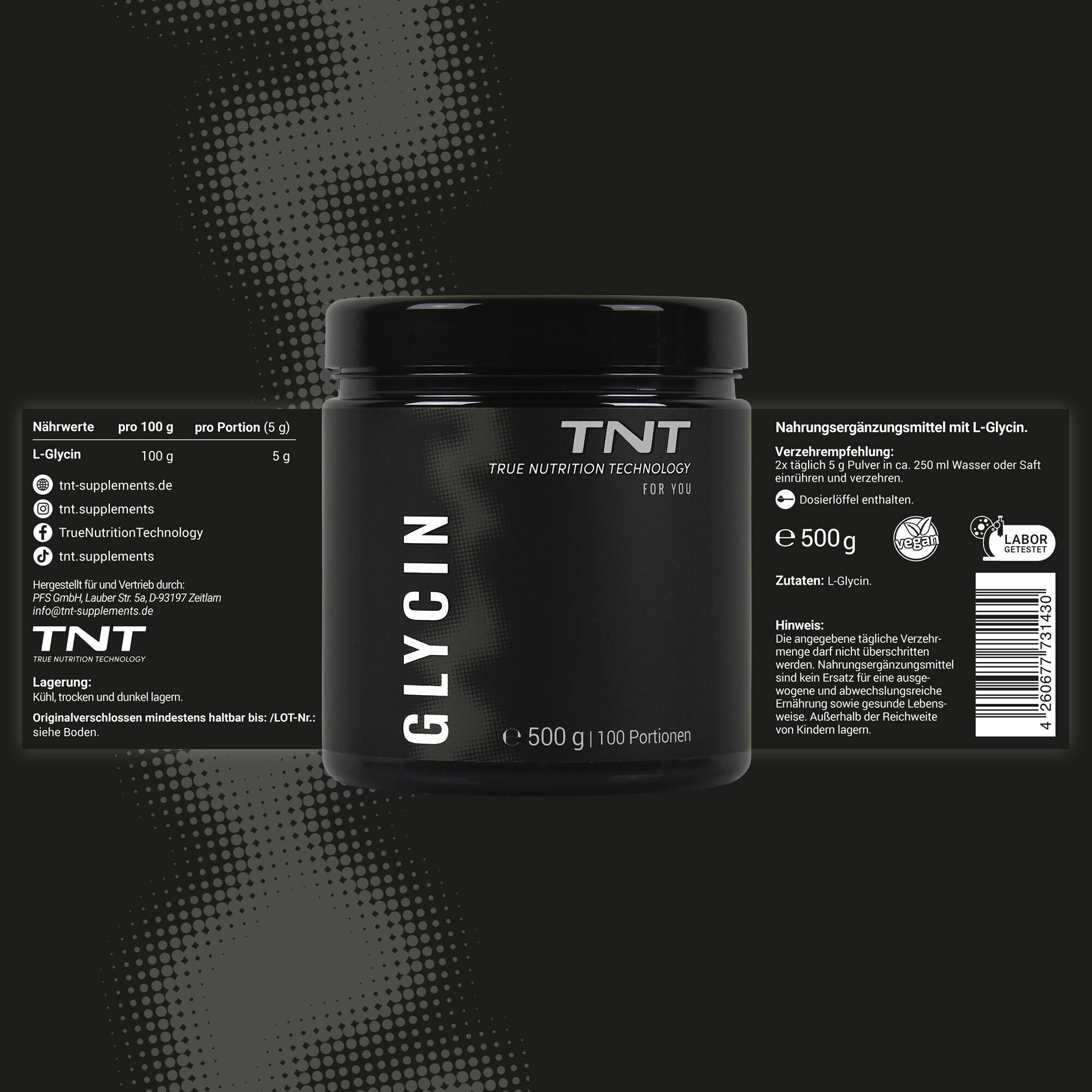 TNT Glycin Pulver frei von Zusatzstoffen und Allergenen. Süßer Geschmack