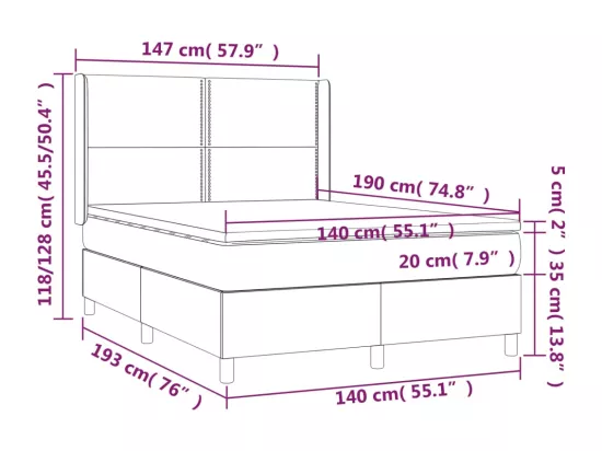 Sommier tapissier matelas et LED Bleu foncé 140x190 cm Velours