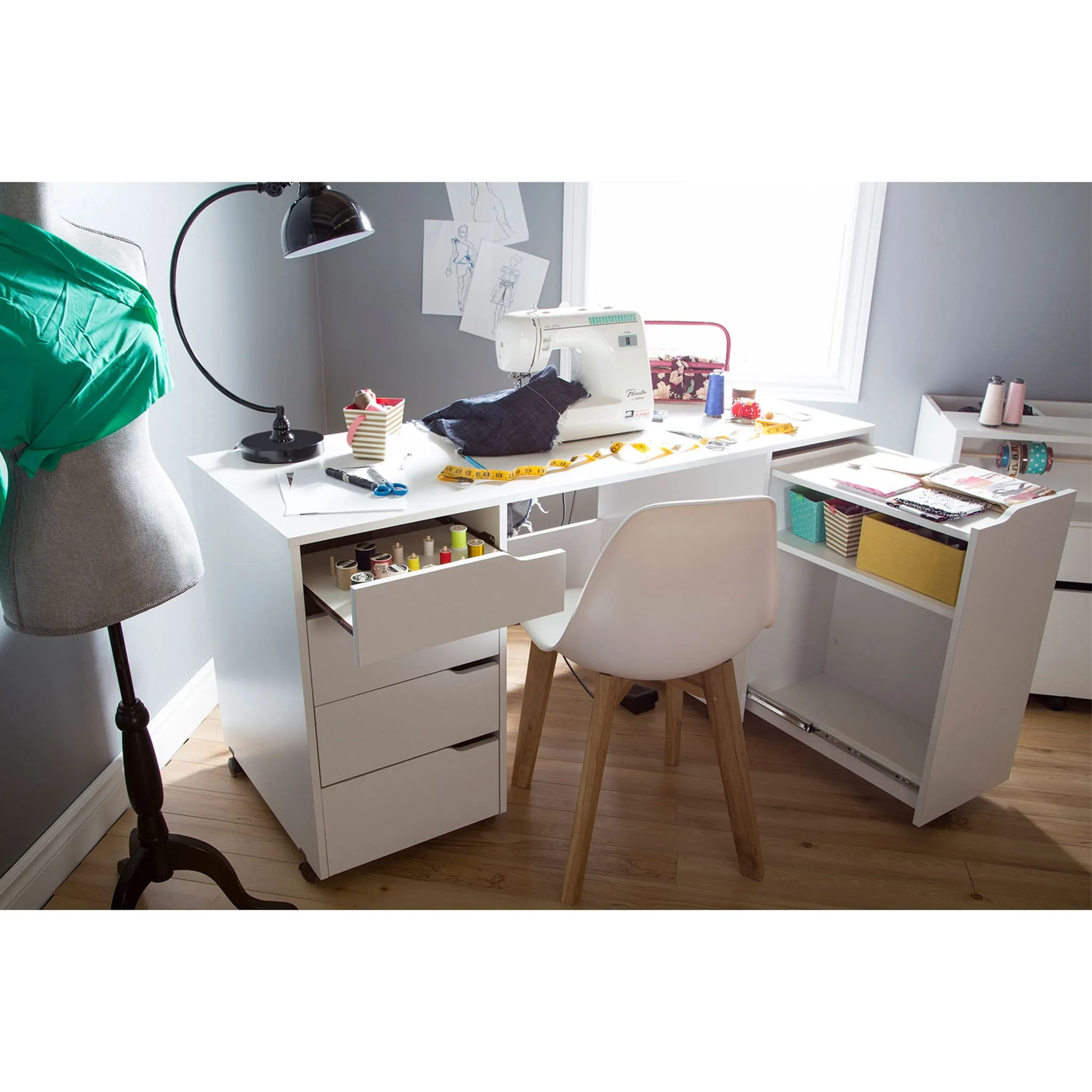 South Shore Table de Couture sur Roulettes - Crea Blanc Solide