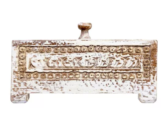 Coffret en bois sculpté avec finition blanche antique 19x19x10h cm