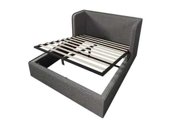 Lit double capitonné 160 x 200 avec larges étagères latérales et housse de sommier amovible, lin, gris