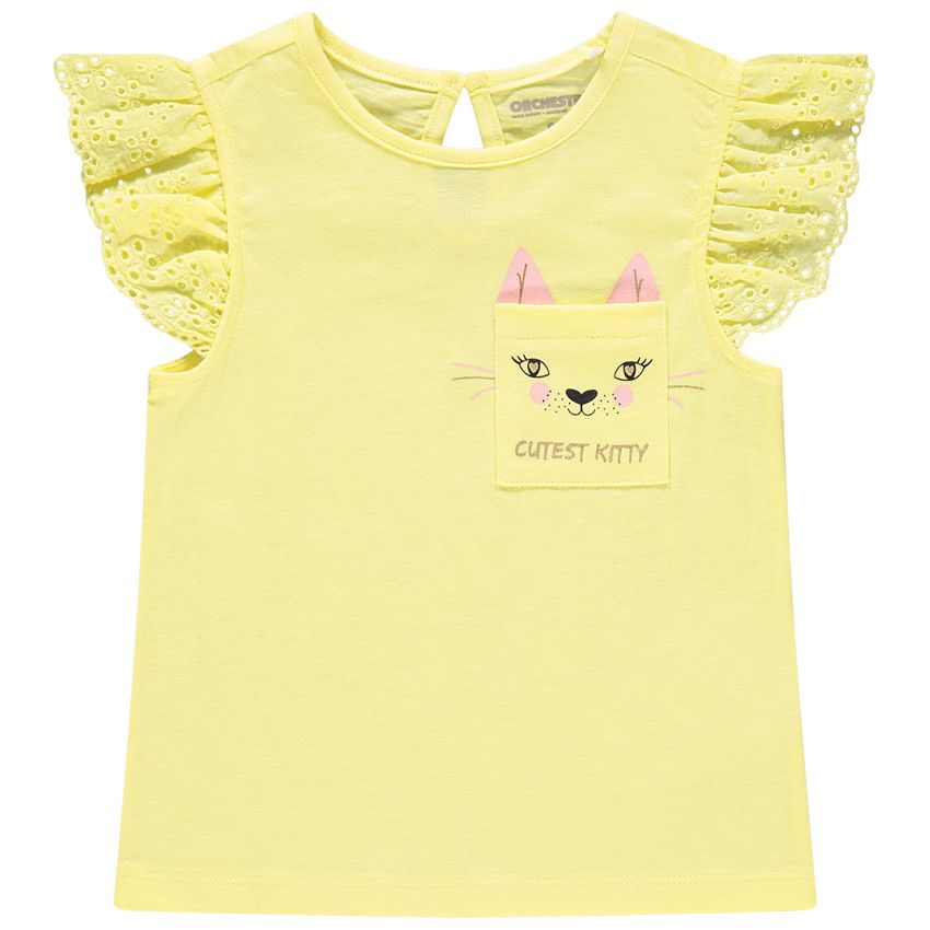 T-shirt à manches courtes volantées et poche imprimée - Jaune