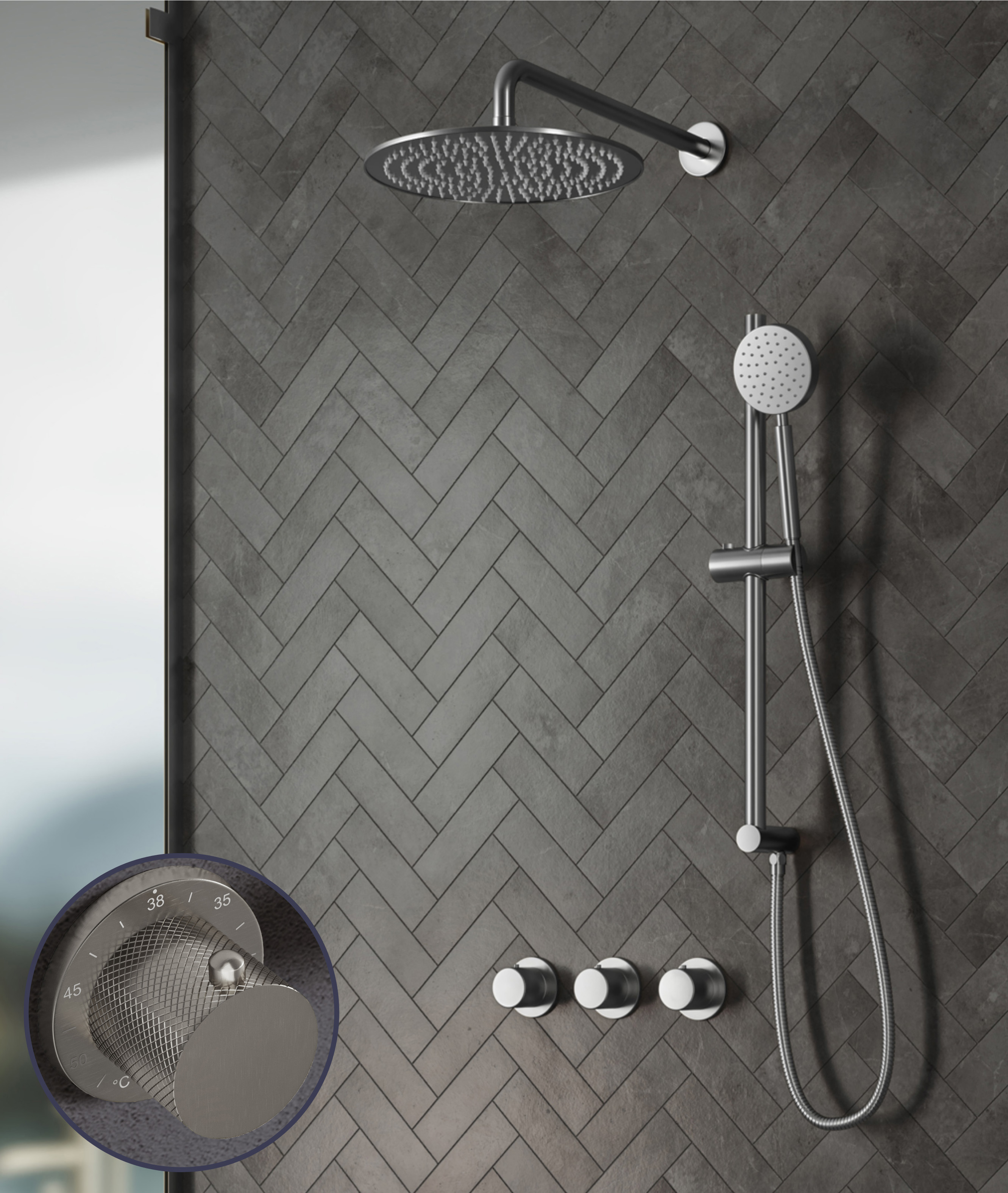 Saniclear Plus Curved inbouw regendouche met 20cm hoofddouche, muurarm en glijstang RVS