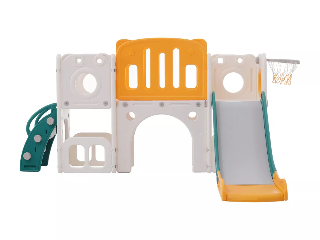 Toboggan 6 en 1 en PEHD pour enfant, avec plate-forme, escalier, 2 zondes de rangement, arcade, panier de basket, vert