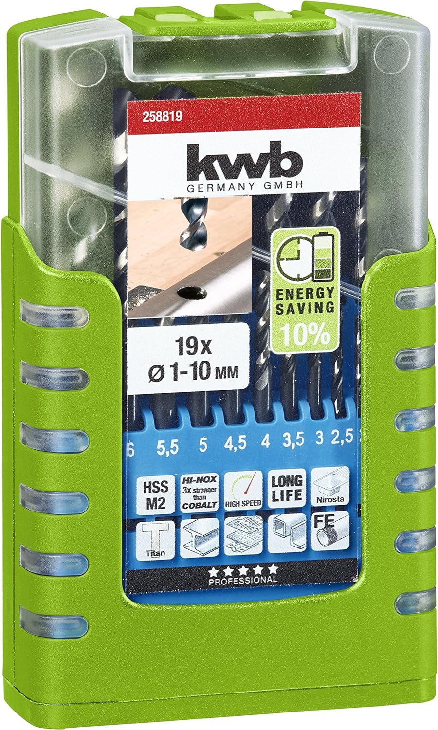 kwb Universeller 19-teiliger Akku-Top Metallbohrer-Satz HI-NOX, HSS - Bohrer-Set, Ø 1 mm - 10 mm in 0,5 mm schritten