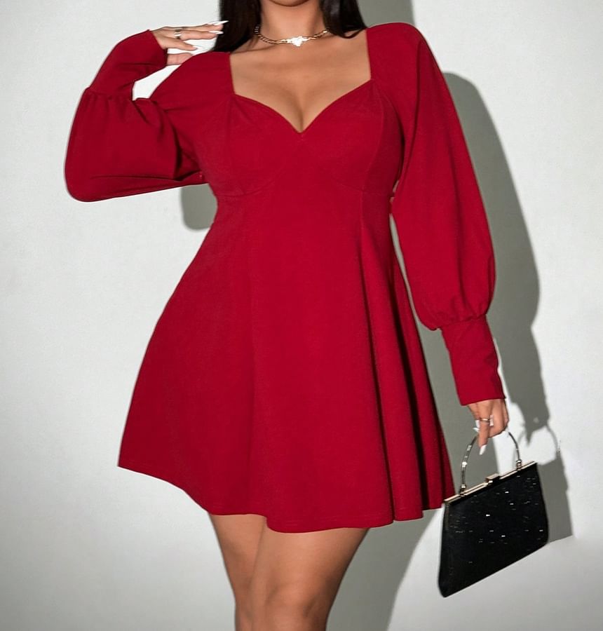 uliaque - Plus Size Lange Mouw V-hals Effen Mini A-lijn Jurk