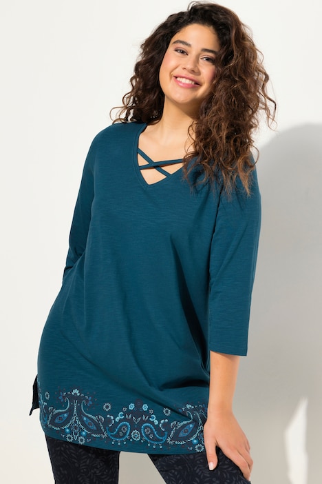 Longshirt, Bordürendruck, A-Linie, V-Ausschnitt, 3/4-Arm