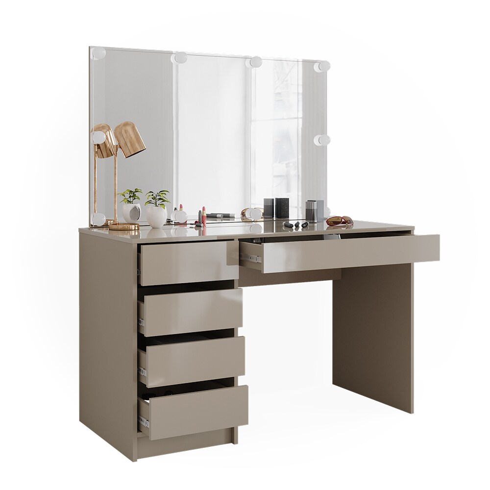 Vicco Schminktisch Sherry Greige Hochglanz 120 x 75 cm 5 Schubladen Spiegel LED