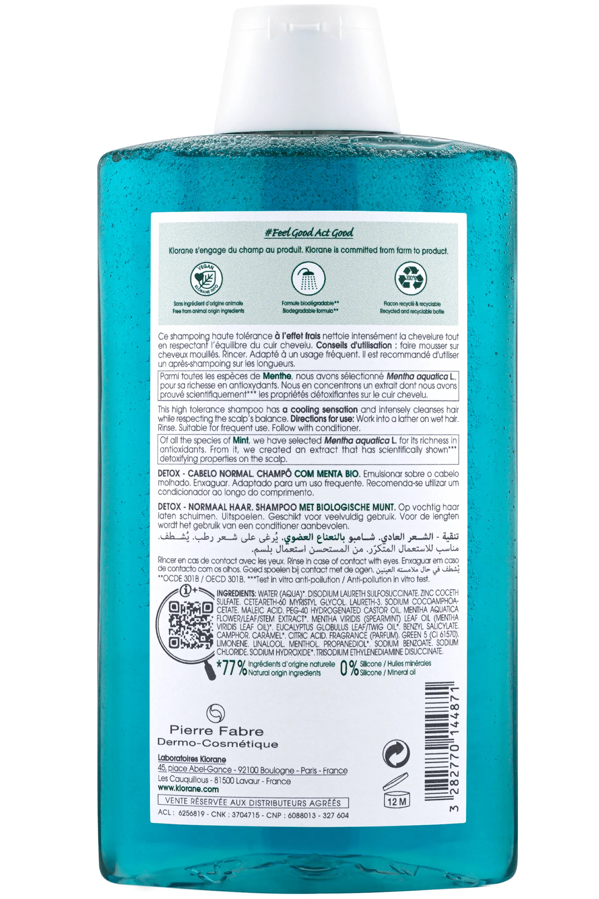Klorane Shampoing détox à la Menthe aquatique bio pour cheveux normaux-400 ml