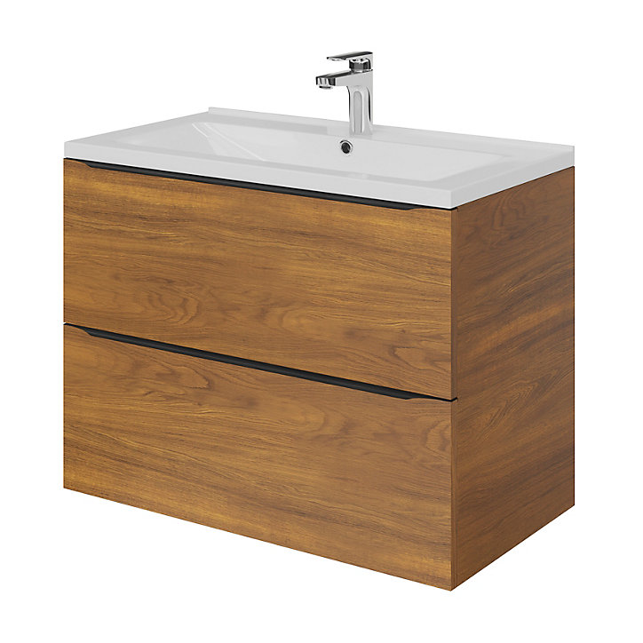 Ensemble salle de bains l.80 cm meuble à suspendre Imandra décor noyer + plan vasque céramique blanc