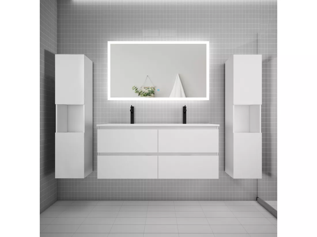 Ensemble meuble de salle de bains 120cm, double vasque + colonne + LED miroir rectangulaire,blanc